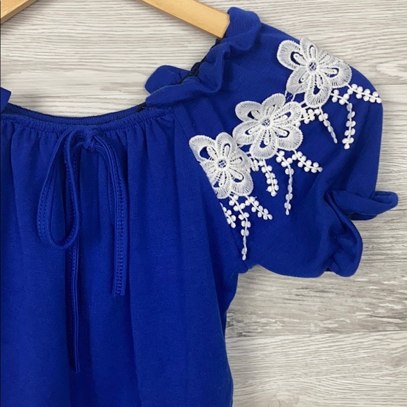 Navy Floral Off Shoulder Short Sleeve Blouse - Picture 4 of 5